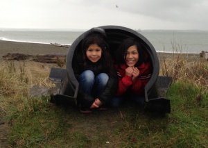 They found an abandoned culvert on the beach and waited out a rain shower.